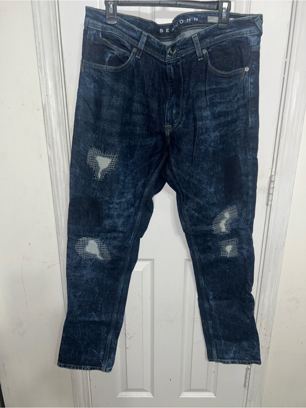 Sean John Dark Blue Distressed Slim Straight Jeans